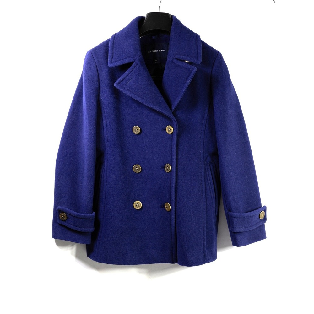 Lands End Women's Royal Blue Wool Blend Double Breasted Pea Coat  8P